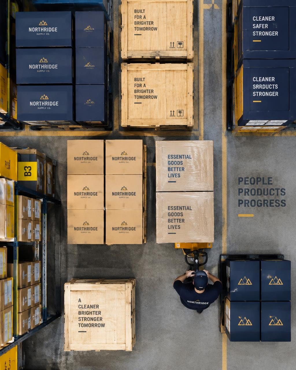 Overhead view of organized wholesale product boxes and crates in a modern distribution warehouse